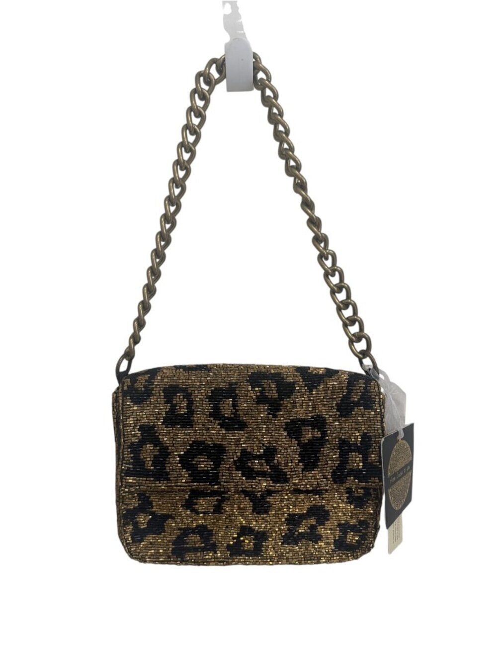 Leopard Animal Print Beaded Gold Black Bag Thick Chain Handmade India NWT